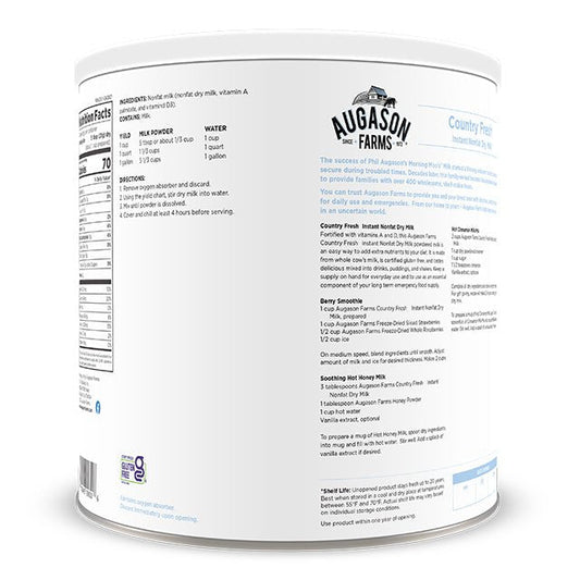 Augason Farms Country Fresh Instant Nonfat Dry Milk can with 39 servings, showing a white powdered milk canister.