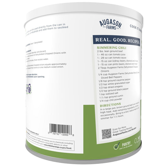 Can of dehydrated chopped onions by Augason Farms showing the label and product inside the can for 130 servings.