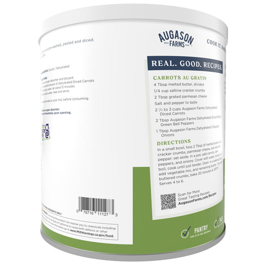 Can of Augason Farms dehydrated diced carrots with 216 servings, showing colorful dried carrot pieces inside.