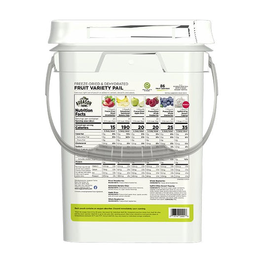 Augason Farms dehydrated and freeze-dried fruit variety pail with 86 servings, showing colorful dried fruit pieces in a large container.