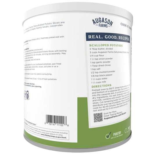 Can of dehydrated potato slices from Augason Farms, 15 servings, showing stacked potato slices inside the can.