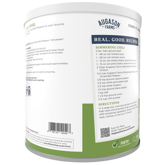 Dehydrated red and green diced bell peppers in a can by Augason Farms, suitable for long-term storage and cooking.