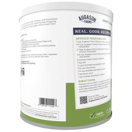 Can of Augason Farms dehydrated spinach flakes showing a white can with a label and spinach flakes inside