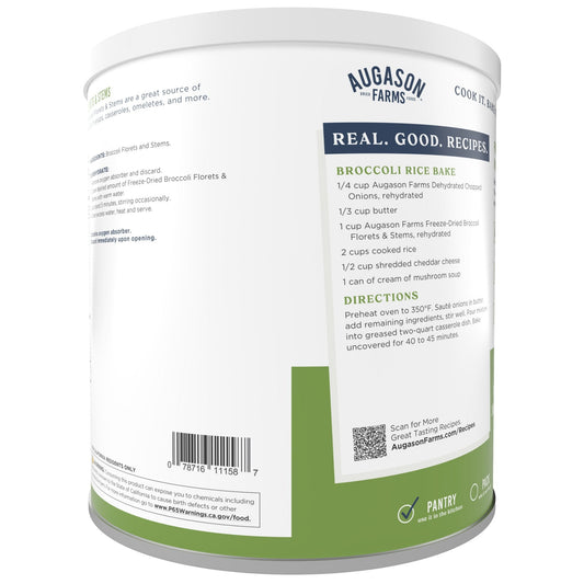 Can of Augason Farms freeze dried broccoli florets and stems, 34 servings, showing the colorful dried vegetable pieces inside.