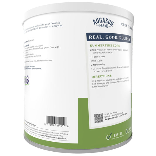 Can of Augason Farms freeze dried sweet corn with 30 servings, showcasing the product label and can packaging.