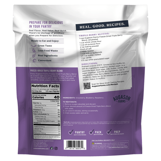 Freeze-dried triple berry blend in a family size pouch by Augason Farms, showing vibrant dried strawberries, blueberries, and raspberries.