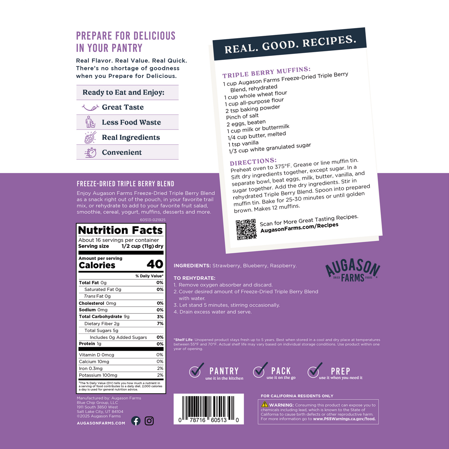 Freeze dried triple berry blend in a family size pouch by Augason Farms, showing colorful dried berries and packaging.
