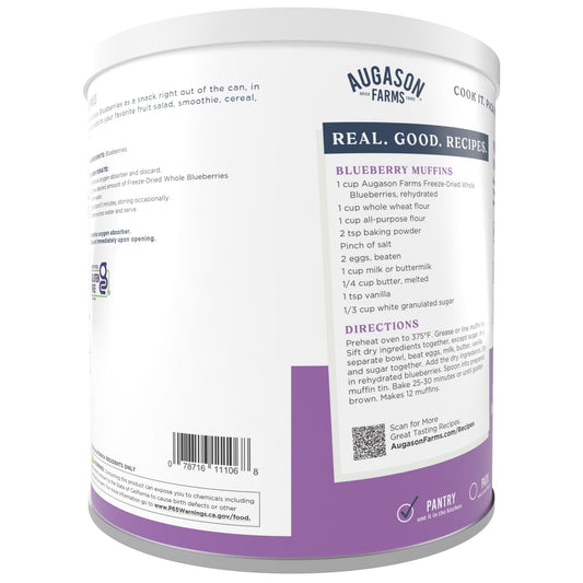 Can of Augason Farms freeze-dried whole blueberries with 26 servings, showing the product label and blueberries inside
