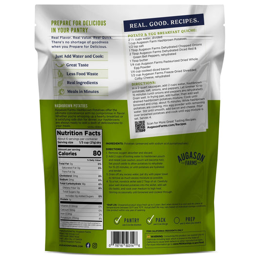Augason Farms hashbrown potatoes pouch with 6 servings, showing crispy browned hashbrowns in a clear pouch.