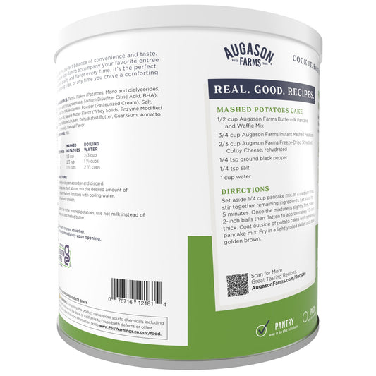 Augason Farms instant mashed potatoes can, 30-serving size, with creamy mashed potato image and nutrition label.