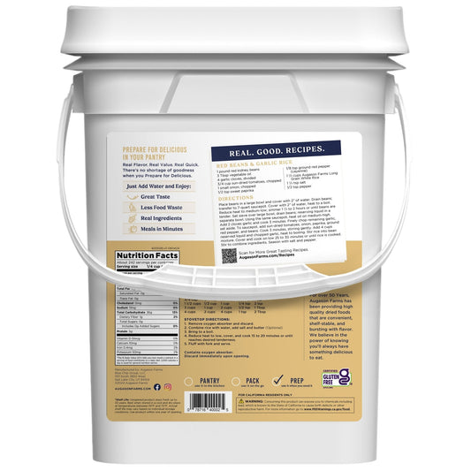 Long grain white rice in a storage container from Augason Farms, showing the packaged product for long-term emergency food supply.