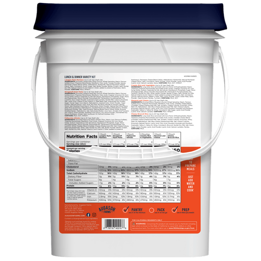 Augason Farms lunch and dinner variety pail with 122 servings, featuring assorted dehydrated meals for long-term storage.