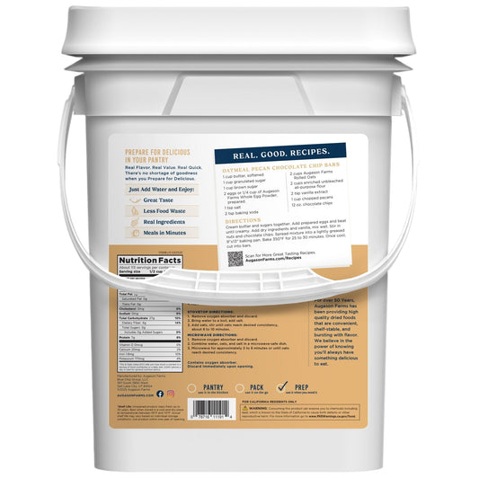 Old Fashioned Rolled Oats in a 4-gallon Augason Farms pail, showing the oats and packaging for long-term storage.