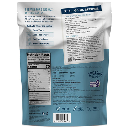 Augason Farms pasteurized dried whole egg powder pouch with 24 servings, showing the sealed pouch with product branding.