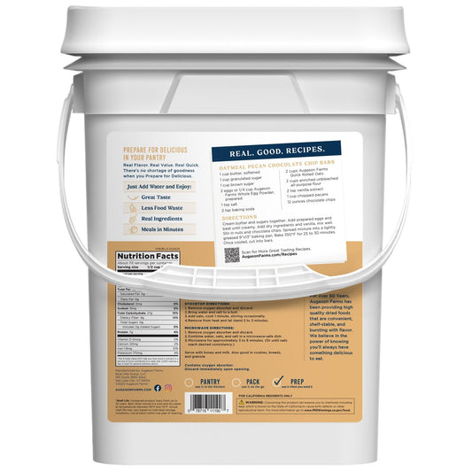 Augason Farms Quick Oats 4-gallon pail showing the large container of rolled oats for breakfast or cooking.