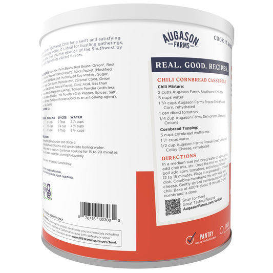 Augason Farms Southwest Chili Mix can with 34 servings, featuring a colorful label and a sealed metal can for easy storage.