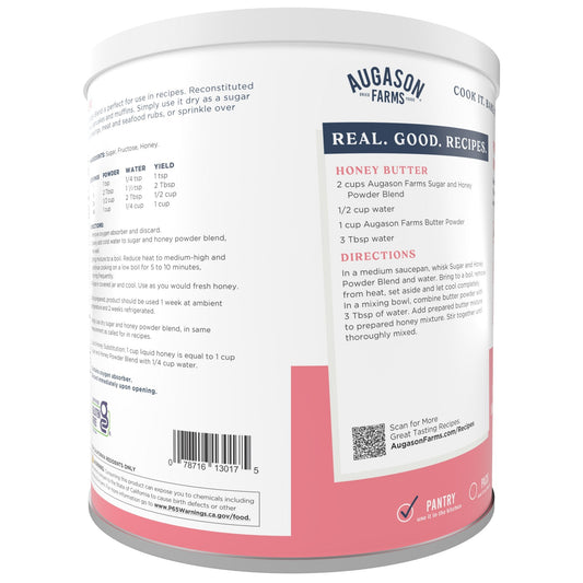 Augason Farms sugar and honey powder blend can with 227 servings, showing the can and label on a white background.