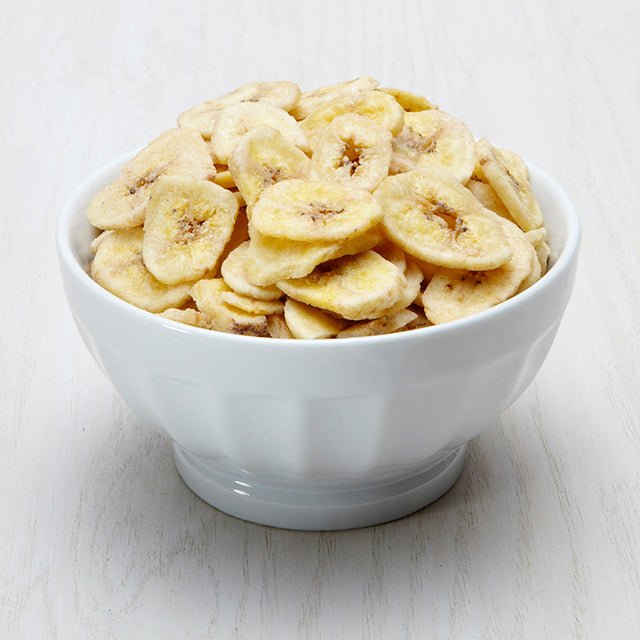 Sweetened banana chips pouch by Augason Farms showing golden banana slices in resealable packaging.