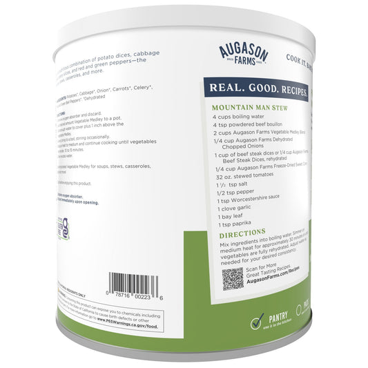 Augason Farms Vegetable Medley Blend can with 131 servings, showing a colorful mix of dried vegetables in a sealed metal can.