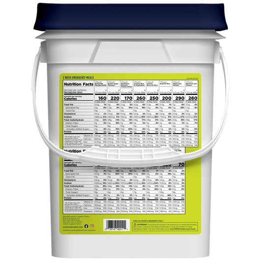 Augason Farms 2-week emergency food supply kit for one person with 119 servings, including various ready-to-eat food options.