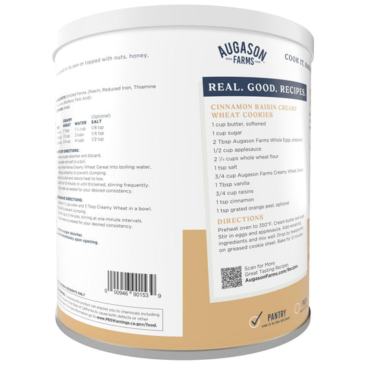 Augason Farms creamy wheat cereal can, 55 servings, featuring a sealed can of nutritious wheat cereal for long-term storage.
