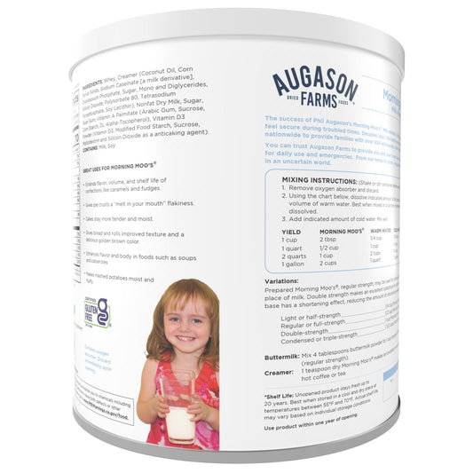 Augason Farms Morning Moo's Milk Alternative Can, 93 servings, showing a can of plant-based milk powder for food and beverage use.