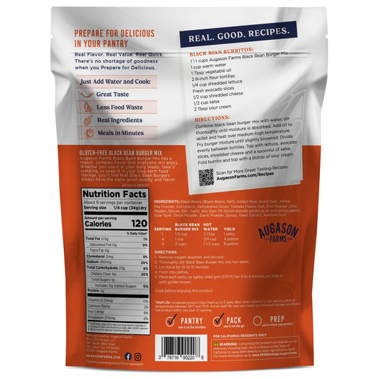 Gluten-free Black Bean Burger Mix pouch by Augason Farms with ingredients and serving suggestions visible on the packaging.