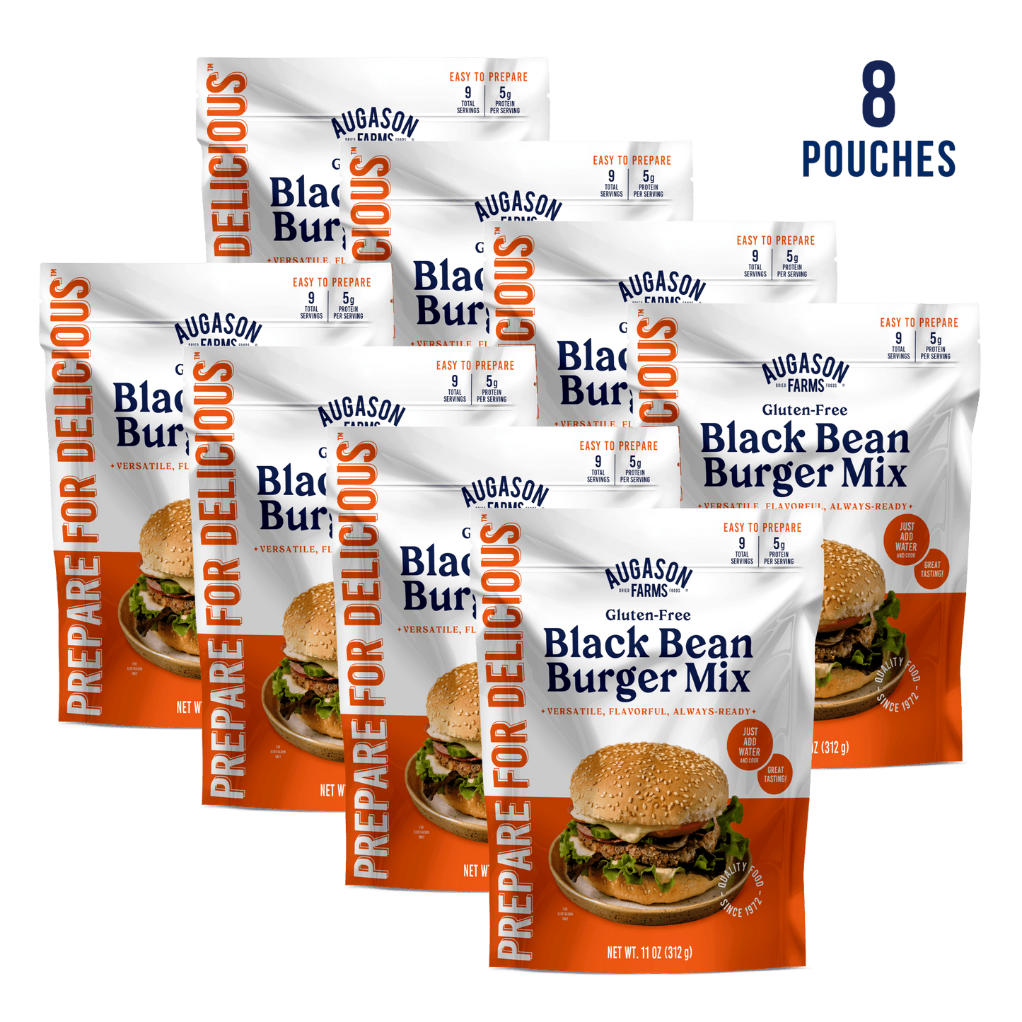 Augason Farms gluten-free black bean burger mix pouch with 9 servings, ready for quick, healthy plant-based meals.