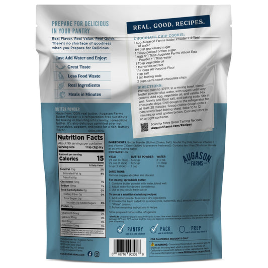 Augason Farms Butter Powder pouch with 99 servings, showing a resealable bag of powdered butter for cooking and baking.