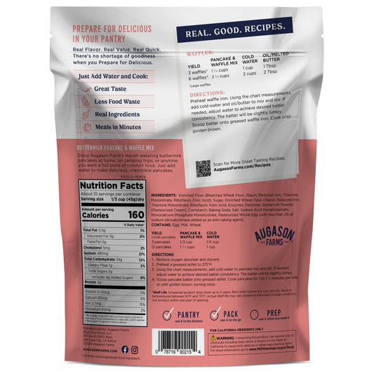 Augason Farms buttermilk pancake and waffle mix pouch with 10 servings, displayed with a bowl of prepared pancakes and waffles.