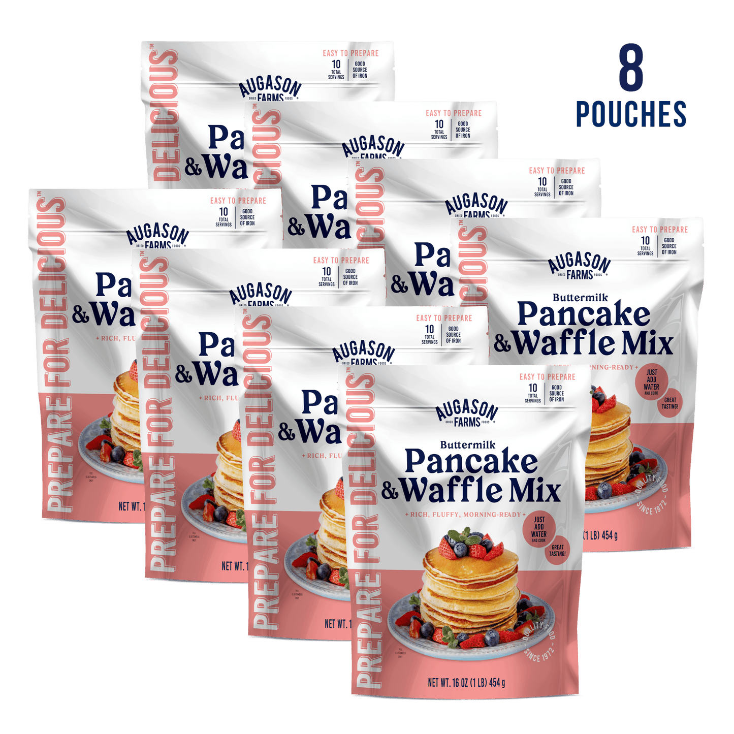 Augason Farms buttermilk pancake and waffle mix pouch with 10 servings, ready to make fluffy breakfast treats.
