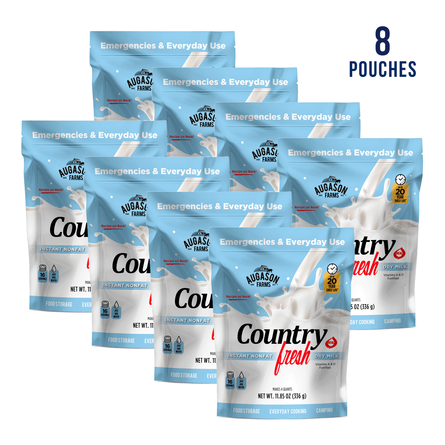 Augason Farms Country Fresh Instant Nonfat Dry Milk pouch with 16 servings, showing dry milk powder in a resealable pouch.