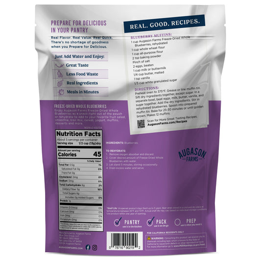 Freeze dried whole blueberries in a pouch by Augason Farms, 5 servings, showcasing vibrant blueberries ready for snacking or baking.