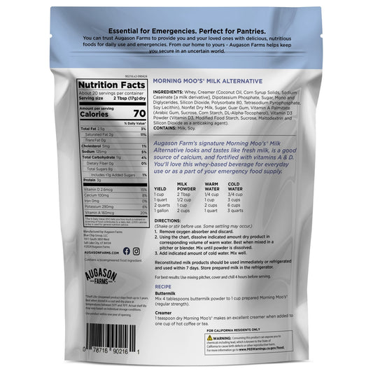 Augason Farms Morning Moo’s milk alternative pouch, 20 servings, in a resealable pouch with label and product branding visible.