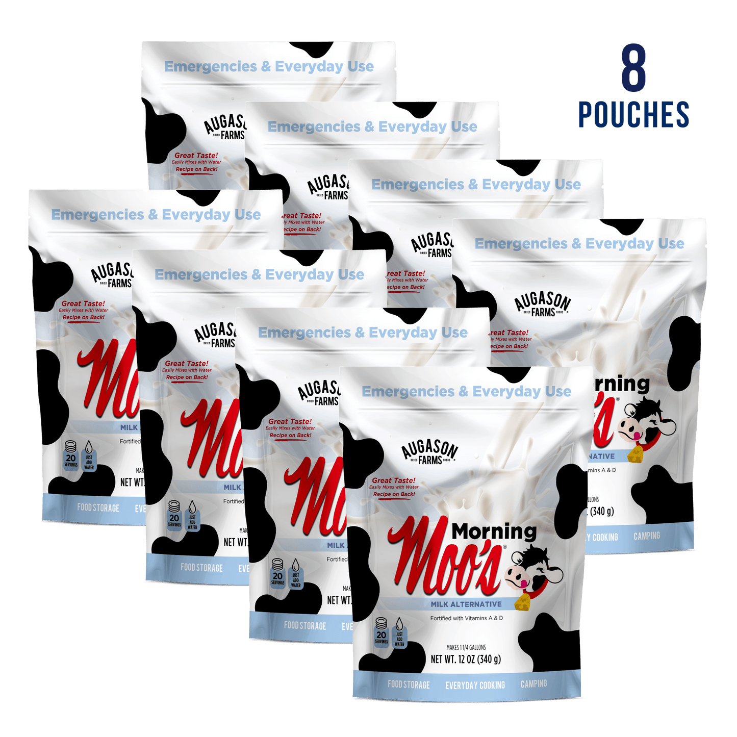 Augason Farms Morning Moo's Milk Alternative pouch with 20 servings, plant-based milk substitute in a resealable pouch.