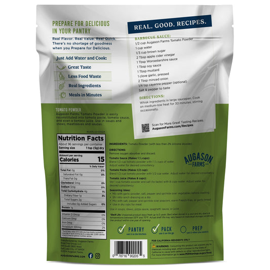 Augason Farms tomato powder pouch with 96 servings, showing a resealable pouch of bright red tomato powder for cooking and seasoning.