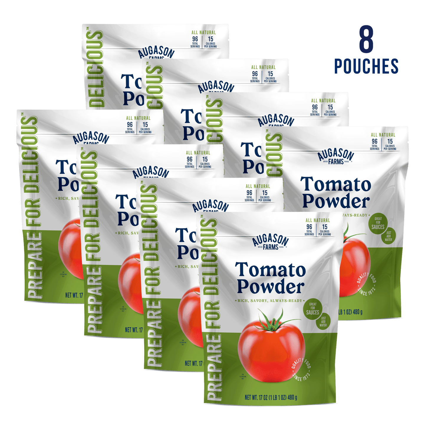 Augason Farms Tomato Powder pouch with 96 servings, showing bright red tomato powder in resealable packaging.