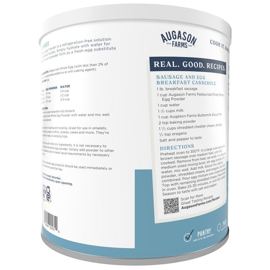 Augason Farms pasteurized dried whole egg powder can, storm prep, 85 servings, in a white can with label and lid.