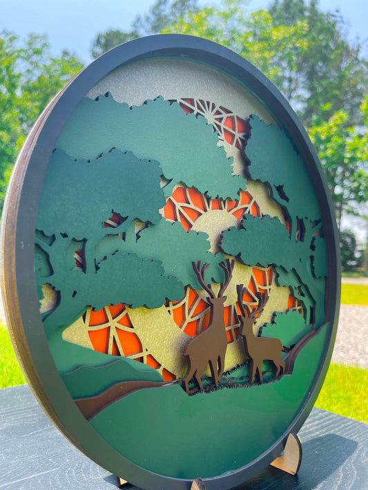 Laser engraved Deer Scenic Mandala by AVEL Woodworking showcasing intricate woodland-themed design on wood.