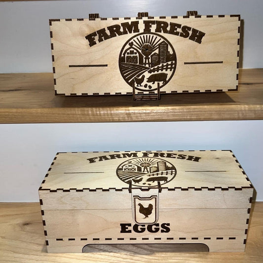 Laser-engraved wooden egg box by AVEL Woodworking featuring a single chicken design on a natural wood surface.