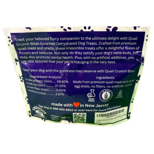 Dehydrated dog treats with quail meat and shells, organic ingredients, from Quailz.com, perfect for training healthy dogs.
