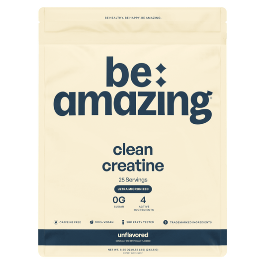 Unflavored Be Amazing Clean Creatine powder in a container, showing the product label and serving scoop.