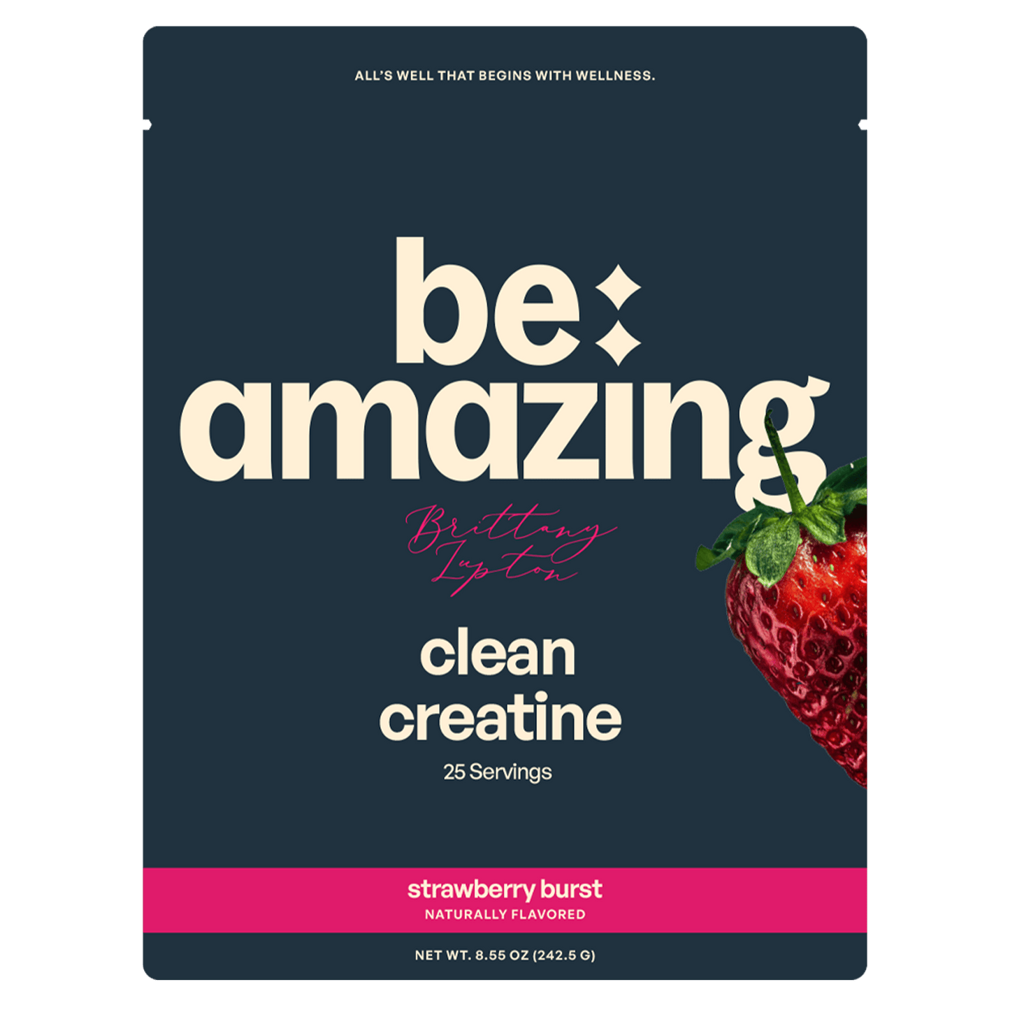 Unflavored Be Amazing Clean Creatine supplement in a container with 25 servings, showing the product label and scoop.