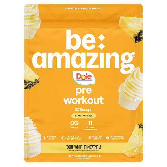 Be Amazing pre-workout supplement in Dole Whip Pineapple flavor with 30 scoops, showing the colorful powder and scoop.