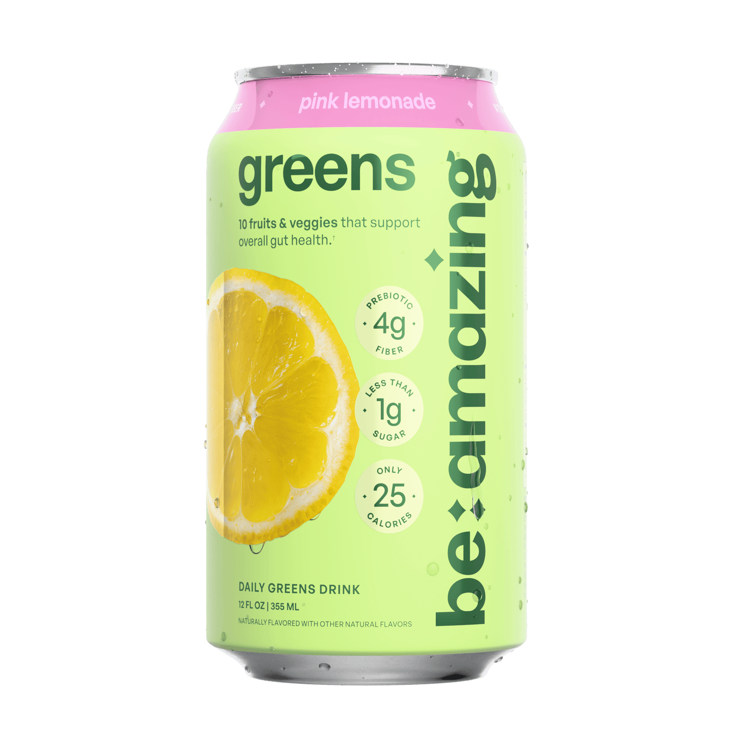 Be Amazing Daily Greens RTD Pink Lemonade drink pack with 8 bottles, showcasing vibrant pink color and fresh fruit design.