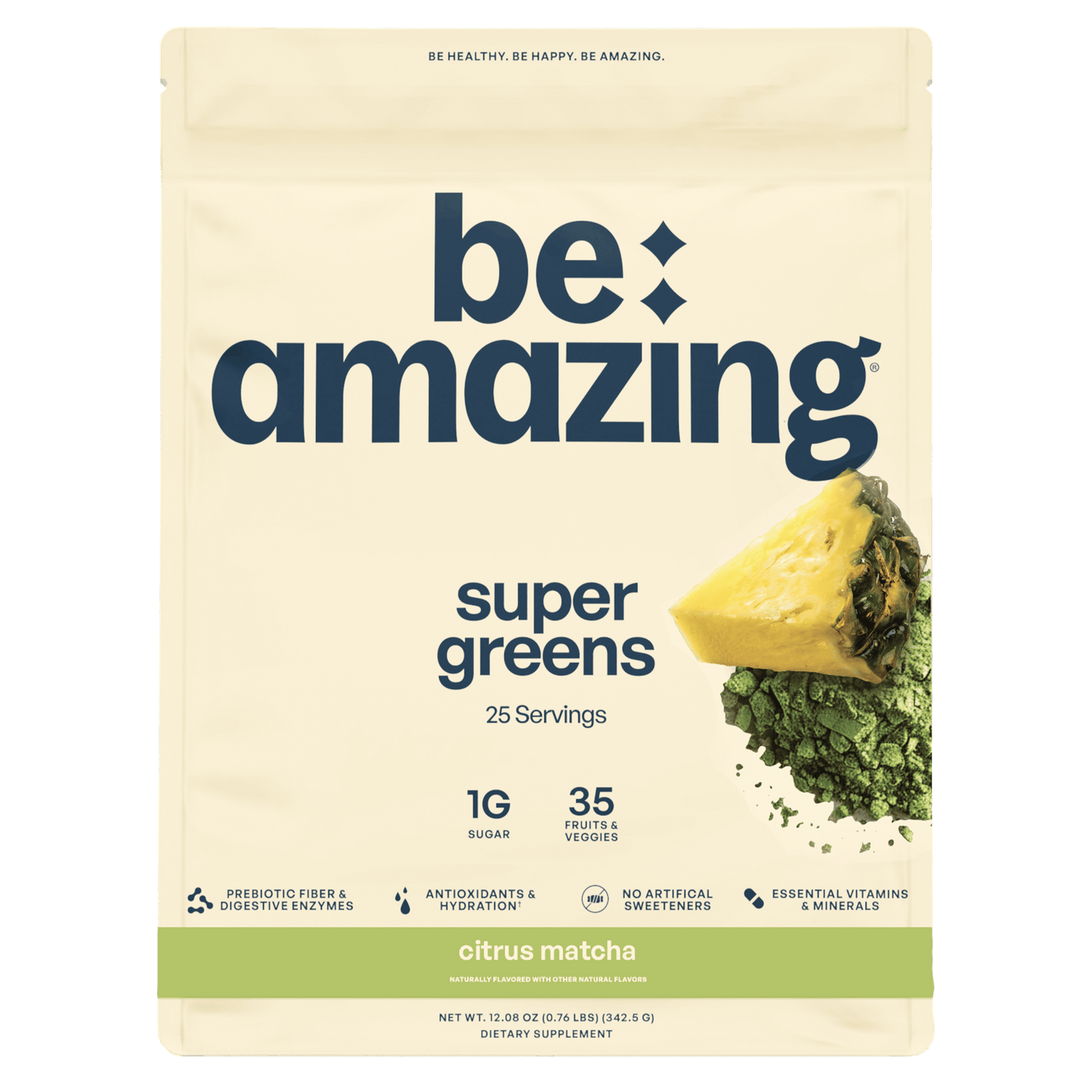 Be Amazing Super Greens powder with Dole Whip Pineapple flavor, showing a scoop of green super greens supplement.