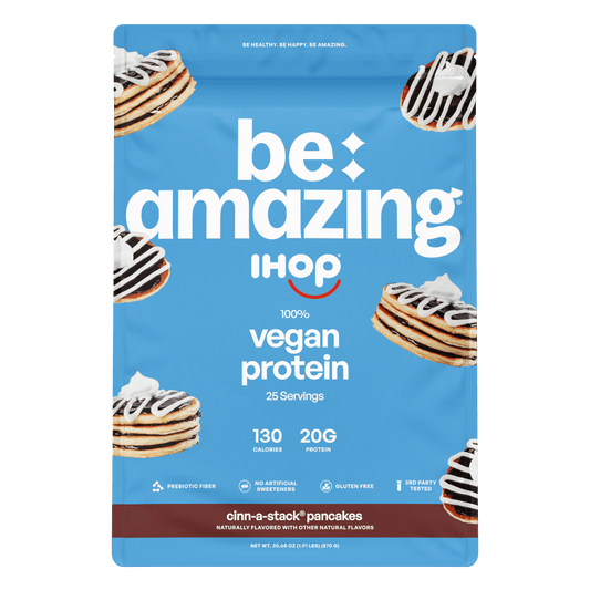 Be Amazing vegan protein powder in brown sugar oatmeal flavor, showcasing the product's packaging with 25 servings.