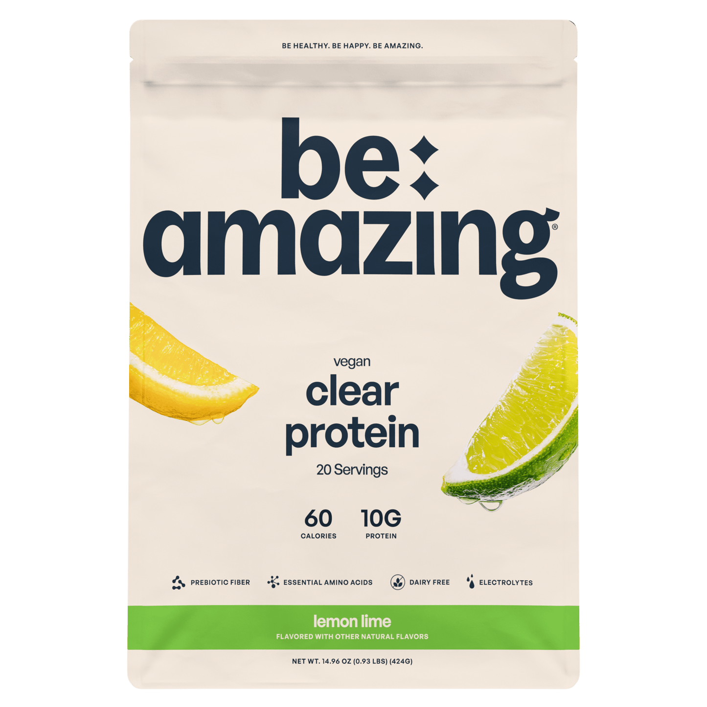 Be Amazing Clear Vegan Protein in Strawberry Kiwi flavor, showing the product packaging and serving size on the container.
