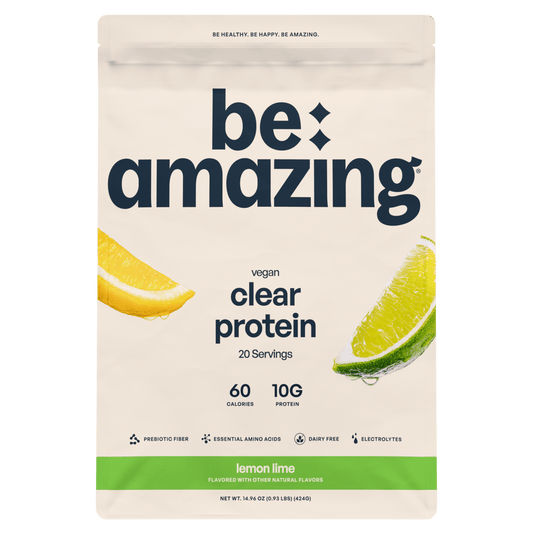 Be Amazing Clear Vegan Protein in Strawberry Kiwi flavor, showing the product packaging and serving size on the container.