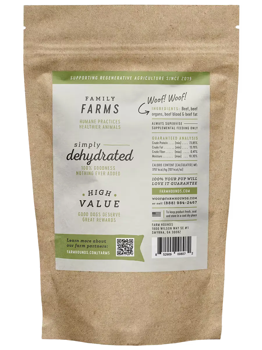 Farm Hounds beef treats in strip form, showing the back of the package with natural, high-quality beef treats for dogs.
